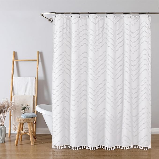 White Fabric Shower Curtain, Boho Shower Curtains for Bathroom Chic Tufted Chevron Striped Textured with Tassel, Soft Hotel Style Farmhouse, Machine Washable, 72x78, White