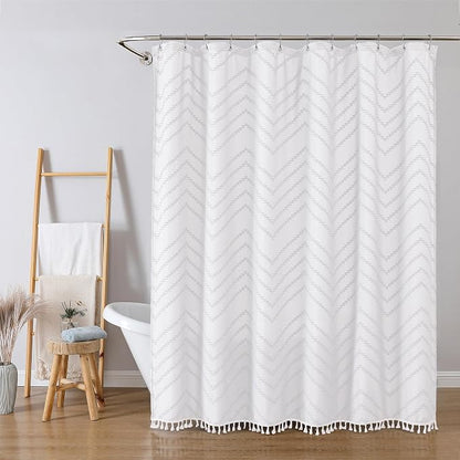 White Fabric Shower Curtain, Boho Shower Curtains for Bathroom Chic Tufted Chevron Striped Textured with Tassel, Soft Hotel Style Farmhouse, Machine Washable, 72x78, White