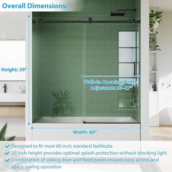 56"-60" W x 59" H Sliding Shower Door, Frameless Bypass Bathroom Door with 1/4"(6mm) Tempered Glass,Matte Black Finish for Walk-in Shower