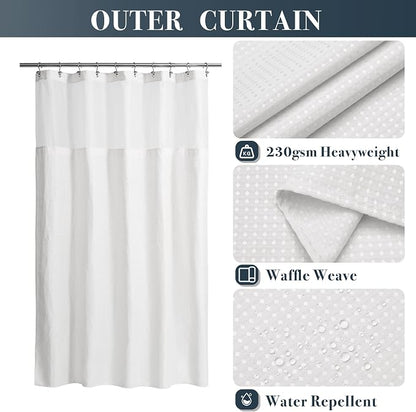 N&Y HOME 60 x 72 Waffle Weave Shower Curtain with Snap-in Liner Set White | 12 Metal Hooks Included, Snap on/off Fabric Liner, Hotel Style & Mesh Top Window, Machine Washable, 60x72 Shower Stall Size