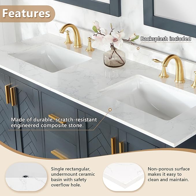 Ceres 61" Engineered Stone Vanity Top in Grain White with Double White Sinks