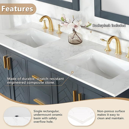 Ceres 61" Engineered Stone Vanity Top in Grain White with Double White Sinks