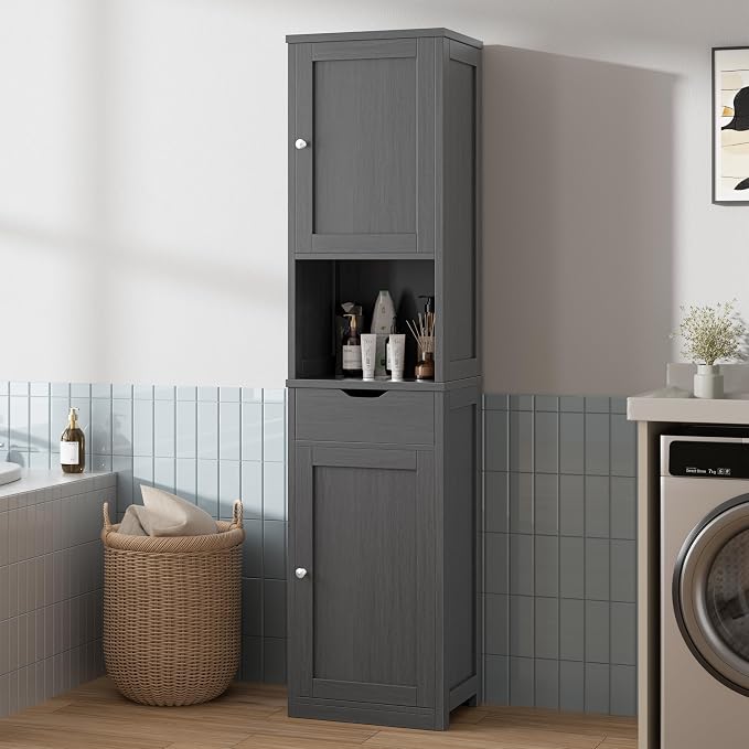 Walsunny Tall Bathroom Storage Cabinet with 6 Adjustable Shelves, Gray | Anti-Tip Safety, Waterproof MDF, 2 Doors + 1 Drawer, Easy Assembly, for Bathroom/Living Room/Kitchen