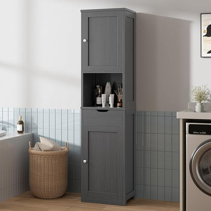 Walsunny Tall Bathroom Storage Cabinet with 6 Adjustable Shelves, Gray | Anti-Tip Safety, Waterproof MDF, 2 Doors + 1 Drawer, Easy Assembly, for Bathroom/Living Room/Kitchen