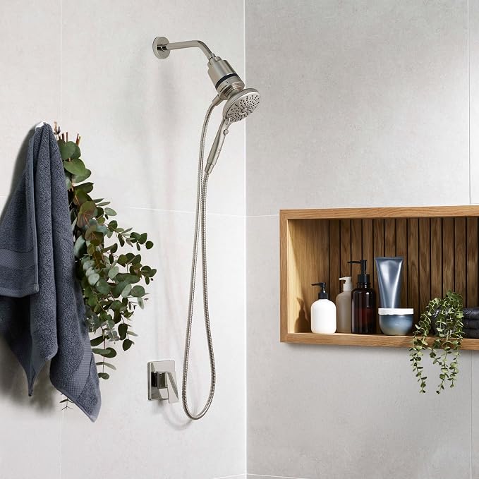 SEVENTY 5-Setting Magnetic Handheld Shower Head with Shower Filter and 59 Inch Hose in Brushed Nickel – Helps Reduce Chlorine and Impurities for Healthier Hair, Skin and Scalp, Easy to Install (12159)