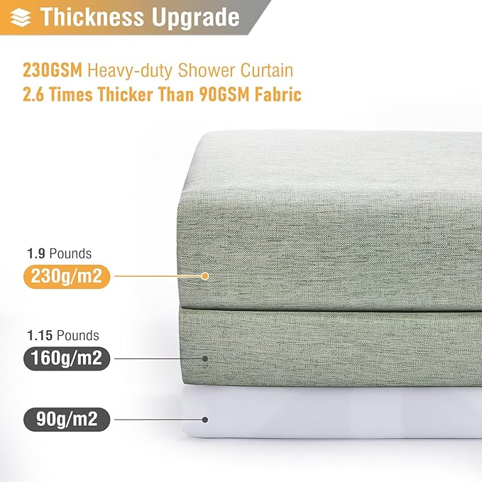 72x78 Linen Textured Waterproof Fabric Shower Curtain Set, Sage Green | Long Size, 230GSM Polyester, Heavy Duty Cloth, Weighted Hem, 12 Plastic Hooks, Modern Luxury Hotel Style, Machine Washable