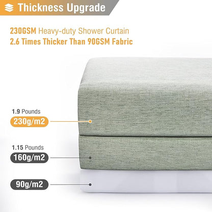 Long Linen Textured Waterproof Shower Curtain Set, 72x84, Sage Green | Tall Size, 230GSM Polyester, Heavy Duty Cloth, Weighted Hem, 12 Plastic Hooks, Modern Luxury Hotel Style, Machine Washable