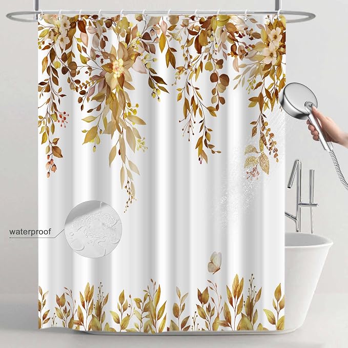 Brown Floral Eucalyptus Shower Curtain with Hooks, 72x84 Inch | Waterproof Fabric, Watercolor Leaves and Floral, Botanical Style, Machine Washable, Quick-Drying, for Hotel Bathroom