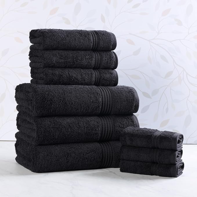 Superior Egyptian Cotton 9-Piece Towel Set, Assorted Towels for Home Bathroom, Guest Bath Decor Essentials, Includes 3 Bath, 3 Hand, 3 Face Towels/Washcloths, Quick Dry, Absorbent - Black