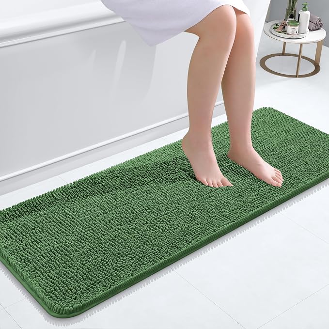 OLANLY Bathroom Runner Rugs 47x17, Extra Soft Absorbent Chenille Bath Rugs | Olive Green, Quick-Drying Rubber Backing, Washable Long Bath Mat for Bathroom Floor, Tub and Shower, Home Decor Accessories