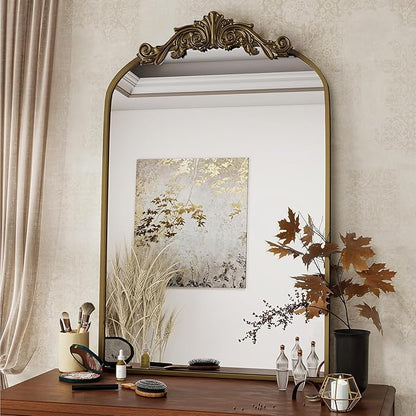Dewfig Vintage Arched Wall Mirror, 30"x22" Bronze Antique Bathroom Mirror | Ornate Baroque Metal Frame Brass Mirror, Victorian Antique Bronze Mirrors for Living Room, Bathroom, Fireplace, Wall Decor