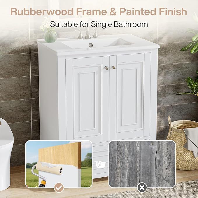 Tribesigns 24" Bathroom Vanity with Ceramic Sink Combo, Freestanding Bathroom Storage Vanity Cabinet with 2 Doors & 1 Drawer, Solid Wooden Frame & Coated Surface, Metal Handle, White