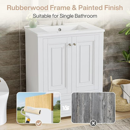 Tribesigns 24" Bathroom Vanity with Ceramic Sink Combo, Freestanding Bathroom Storage Vanity Cabinet with 2 Doors & 1 Drawer, Solid Wooden Frame & Coated Surface, Metal Handle, White