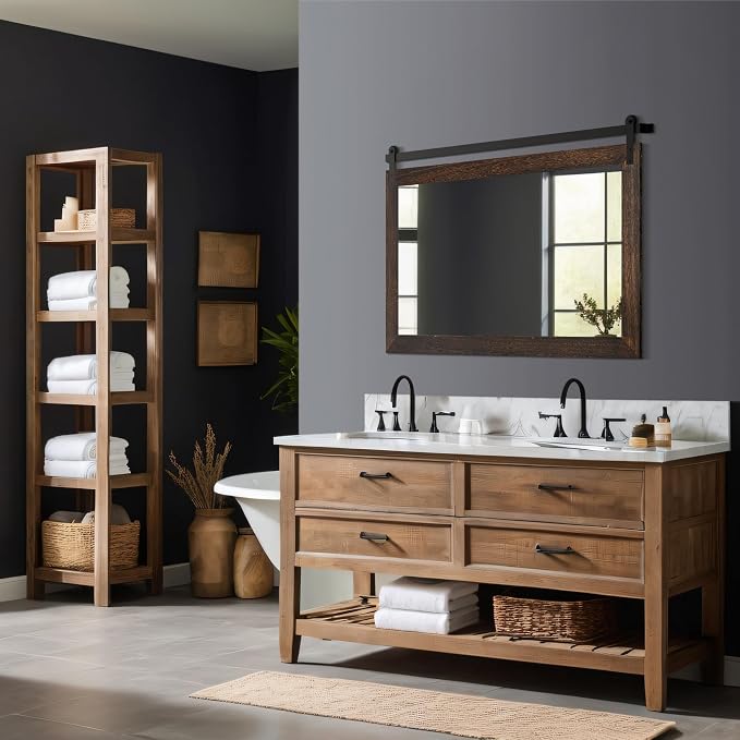 COGOOD Farmhouse Bathroom Mirrors for Over Sink - 26 x 41 Black Brown | Rustic Barn Door Wood Framed Vanity Mirror for Entryway, Living Room, Bedroom, Dresser Wall Decor