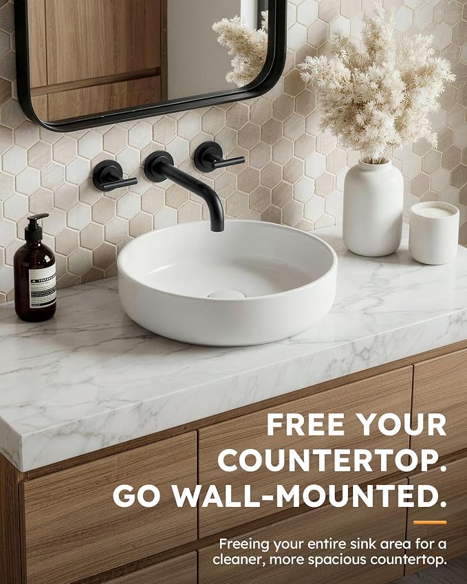 WOWOW Matte Black Bathroom Faucet, 2 Handle Wall Mount Bathroom Faucet and Rough-in Brass Valve Included, Vessel Sink Faucet Wall Mounted 3 Holes Elegant Classic Spout