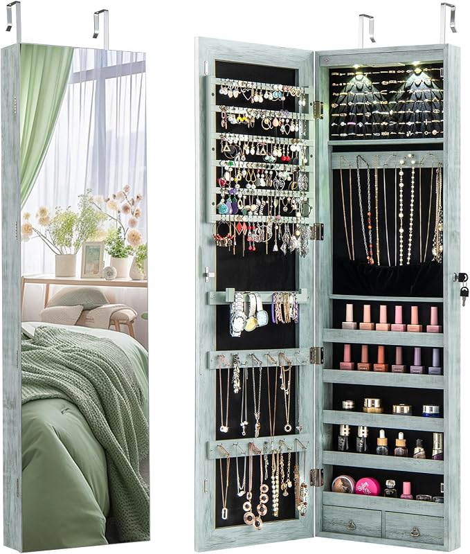 Giantex Wall or Door Mounted Jewelry Armoire with 47.5" Full Length Mirror, Lockable Cabinet with 2 LED Lights, 2 Drawers, Over the Door Large Jewelry Storage Organizer (Weathered Blue)