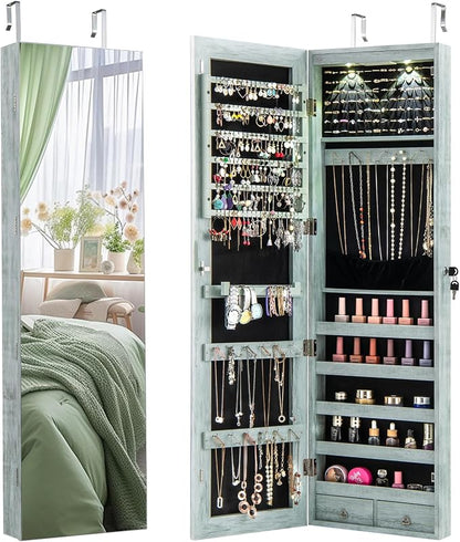 Giantex Wall or Door Mounted Jewelry Armoire with 47.5" Full Length Mirror, Lockable Cabinet with 2 LED Lights, 2 Drawers, Over the Door Large Jewelry Storage Organizer (Weathered Blue)