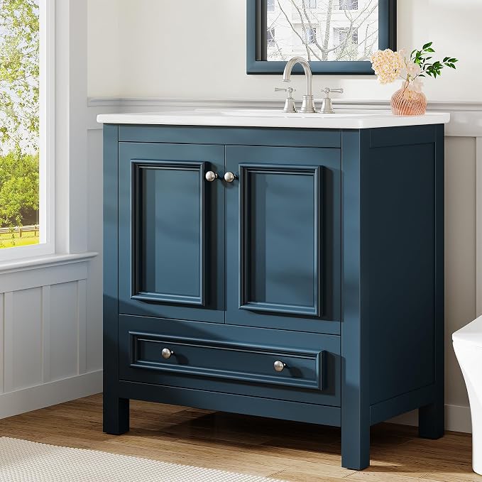 Tribesigns 30" Bathroom Vanity with Sink, Freestanding Bathroom Vanities Cabinet with Ceramic Basin Combo, Bathroom Sink Cabinet with 2 Doors and 1 Drawer, Solid Wooden Frame (Misty Blue, 30 INCH)