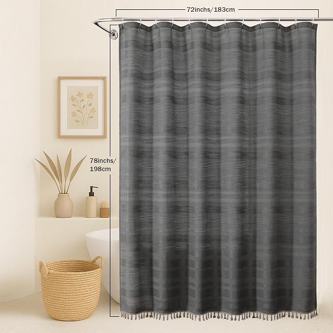 Charcoal Grey Shower Curtain 78 Inch Long, Boho Farmhouse Thick Striped Fabric Hotel Shower Curtain with Tassel, Minimalist Textured Weighted Machine Washable Bathroom Decor, 72Wx78L Inches
