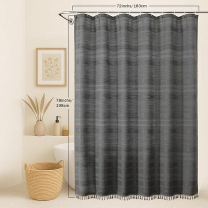 Charcoal Grey Shower Curtain 78 Inch Long, Boho Farmhouse Thick Striped Fabric Hotel Shower Curtain with Tassel, Minimalist Textured Weighted Machine Washable Bathroom Decor, 72Wx78L Inches