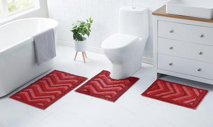 Hearth & Harbor Bathroom Rugs, Shaggy Plush Bath Mat, Ultra Soft Non Slip Backing Rubber, Chevron Design Bath Rug, Red, 3 Piece Set