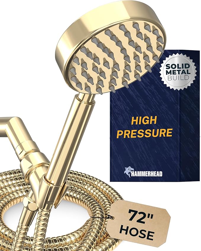 HammerHead Showers® Solid Metal Handheld Shower Head with Hose and Brass Holder - POLISHED BRASS - 2.5 GPM High Pressure Shower Heads with Adjustable Shower Wand Bracket - 6ft Flexible Extension