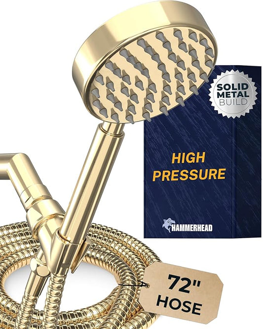 HammerHead Showers® Solid Metal Handheld Shower Head with Hose and Brass Holder - POLISHED BRASS - 2.5 GPM High Pressure Shower Heads with Adjustable Shower Wand Bracket - 6ft Flexible Extension