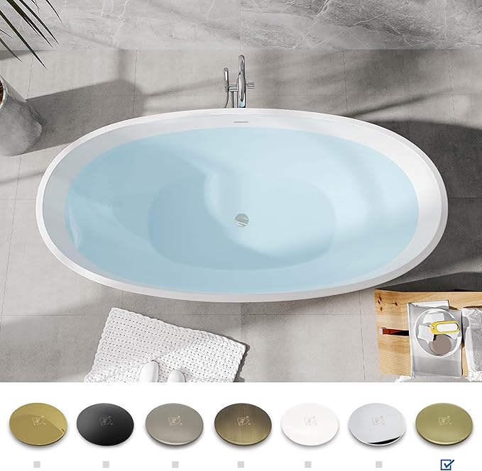 FerdY Koh Samui 65" Freestanding Bathtub, Elegant Oval Shape, Double Walled Insulation Bathtub with Center Brushed Gold Drain & Minimalist Linear Design Overflow