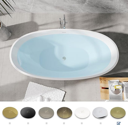 FerdY Koh Samui 65" Freestanding Bathtub, Elegant Oval Shape, Double Walled Insulation Bathtub with Center Brushed Gold Drain & Minimalist Linear Design Overflow
