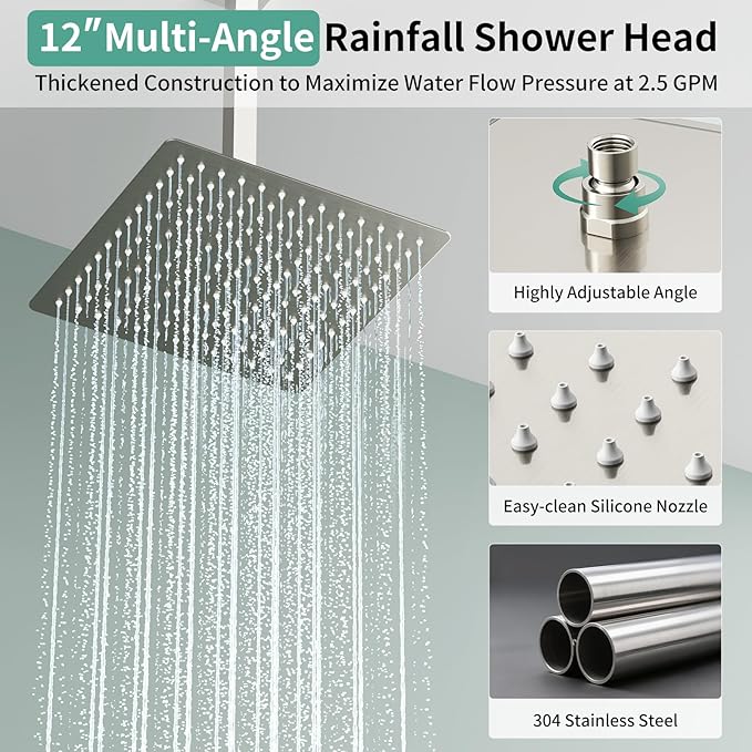 Shower Faucet Set Shower System - SR SUN RISE Brushed Nickel Shower Trim Kit with Dual Shower Head, 12'' Ceiling Rainfall 6'' Wall Mount with Handheld Shower for Couples, Complete 6 Diverter Valve