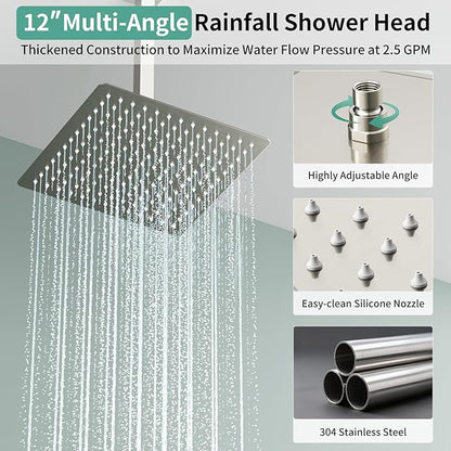 Shower Faucet Set Shower System - SR SUN RISE Brushed Nickel Shower Trim Kit with Dual Shower Head, 12'' Ceiling Rainfall 6'' Wall Mount with Handheld Shower for Couples, Complete 6 Diverter Valve