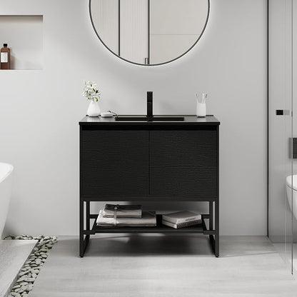 LUCKWIND 36" Modern Bathroom Vanity with Single Black Sink Combo, Freestanding Storage Cabinet with Metal Frame, Water-Saving Faucet and Open Shelf and 2 Soft-Closing Door, Black