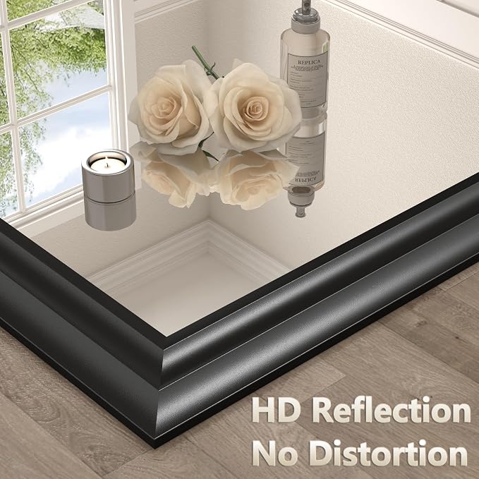 26x36 Inch Black Metal Framed Bathroom Mirror for Wall | Thick Frame Rectangle Vanity Mirror, Matte Black Curved Mirror for Over Sink, Anti-Rust, Shatterproof (Horizontal/Vertical)