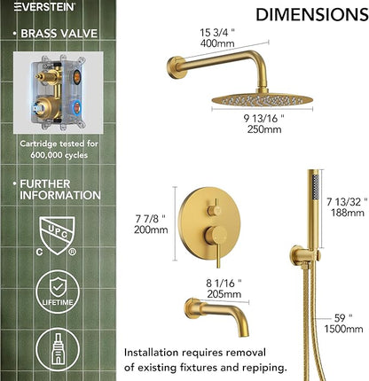 10" High-Pressure Rainfall Shower System with Handheld Spray, Wall Mount Bathroom Shower Faucet Set with Tub Spout, Brushed Gold (Valve Included)