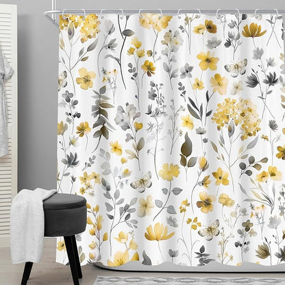 Yellow Gray Grey Flower Floral Wildflower Leaf Bathroom Shower Curtain Set | 72"W x 72"H Leaves Botanical; waterproof HD print, quick-dry fabric and plastic hooks for easy setup.