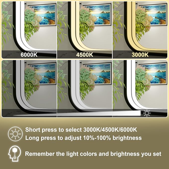 20x28 Inch Black LED Bathroom Mirror with 3 Color Lights | 3000K/4500K/6000K,Stepless Dimmable,Anti-Fog,Memory Function,Aluminum Frame,ETL Listed,Wall Mounted Lighted Vanity Mirror