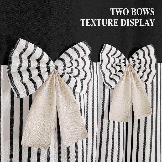 Farmhouse Shower Curtain Linen Bow Pleated Black Stripe 72"W x 96"L | Farmhouse Style, Chic Bow, Striped, Linen Fabric, Rustic, Country, Natural Look, Washable, for Bathroom Bathtub