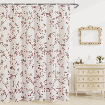 MitoVilla Pink Boho Shower Curtain Set, Cotton Floral Cottagecore Spring Shower Curtains for Bathroom, Modern Farmhouse Country Plant Leaves Bathroom Décor, 72" W x 72" L
