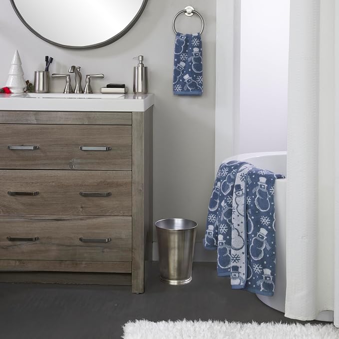 SKL Home Christmas/Winter Top Hat Snowmen Bath Towel, 100% Cotton, Blue | 550 GSM. Soft & absorbent. Reversible jacquard pattern. Great for use in the bathroom, kitchen or bar & gifting.
