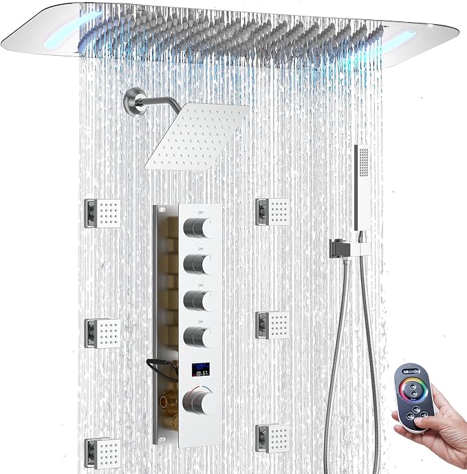 16X26 inch Rainfall Shower System Chrome Shower Faucet Set | Temperature Display Shower Faucet with 6 Body Jet, 8 inch Wall Mounted Shower Head and Handheld Set