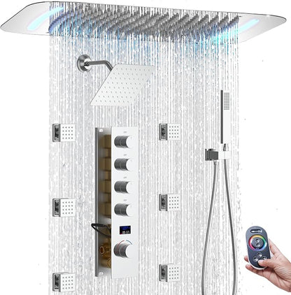 16X26 inch Rainfall Shower System Chrome Shower Faucet Set | Temperature Display Shower Faucet with 6 Body Jet, 8 inch Wall Mounted Shower Head and Handheld Set