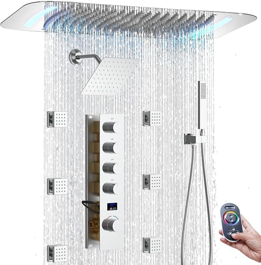 16X26 inch Rainfall Shower System Chrome Shower Faucet Set | Temperature Display Shower Faucet with 6 Body Jet, 8 inch Wall Mounted Shower Head and Handheld Set