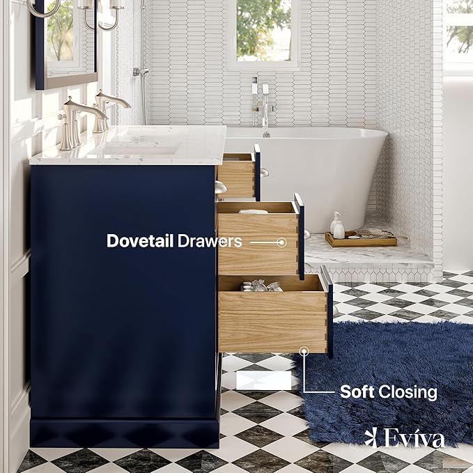 Eviva Epic 48 in. Blue Double Sink Bathroom Vanity with White Carrara Quartz Countertop
