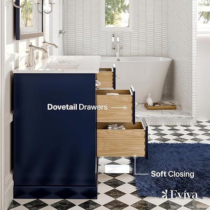 Eviva Epic 48 in. Blue Double Sink Bathroom Vanity with White Carrara Quartz Countertop