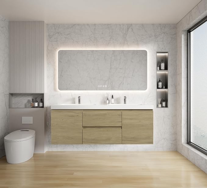 60 Inch Floating Bathroom Vanity with Double Sink, Large Storage Wall Mounted Floating Vanity with Soft Close Drawers, One-Piece Basin Bathroom Sink Cabinet (Natural Oak, 60" Double Sink)