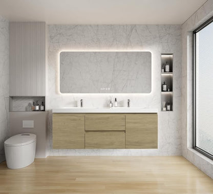 60 Inch Floating Bathroom Vanity with Double Sink, Large Storage Wall Mounted Floating Vanity with Soft Close Drawers, One-Piece Basin Bathroom Sink Cabinet (Natural Oak, 60" Double Sink)