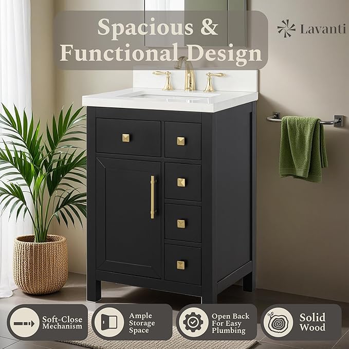 Lavanti Oakford 24 Inch Bathroom Vanity with Sink – Stylish Black Vanity Bathroom with Storage Cabinet – Modern Bathroom Vanities with Single Vanity Sink & Quartz Countertop