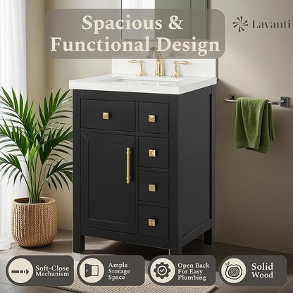 Lavanti Oakford 24 Inch Bathroom Vanity with Sink – Stylish Black Vanity Bathroom with Storage Cabinet – Modern Bathroom Vanities with Single Vanity Sink & Quartz Countertop
