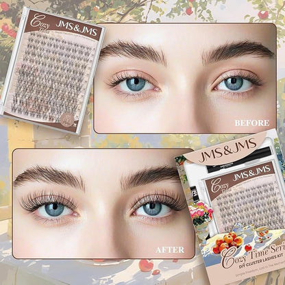 JMS&JMS Venus Lash Clusters Kit Natural Velour Eyelash Cluster for Beginner | Invisible Clear Band C-8-18MIX Flora Lash Kit with Lash Bond and Seal Tweezers, Velure False Eyelashes