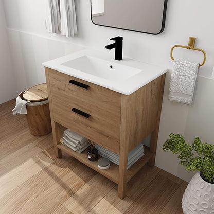 Free Standing Bathroom Vanity with Sink Modern 30" Bathroom Vanity with Top Basin&Storage Drawers Oak Wood Bath Vanity w/White Ceramic Sink for Small Bathroom Powder Room
